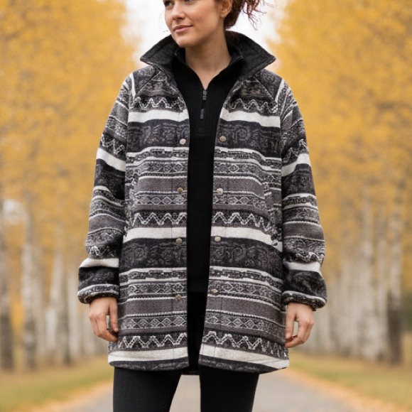 Vintage Black Reversible Jacket Windbreaker Coat Unisex Medium Aztec Fleece 90s - Picture 2 of 13